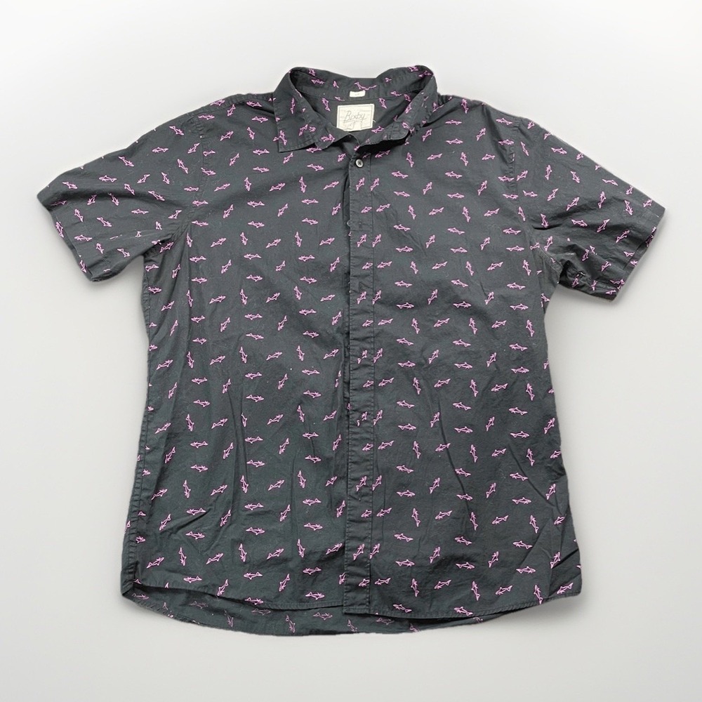 Bixby Slim Fit Shark Print Button Down Shirt Mens XL Black Neon Pink Summer